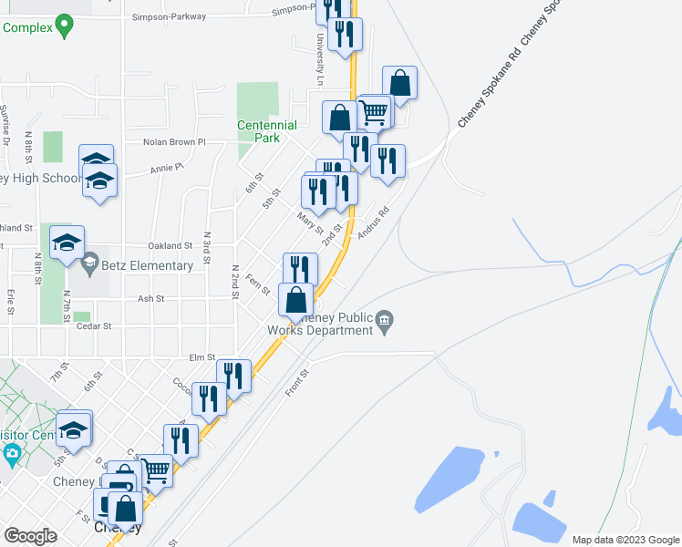 map of restaurants, bars, coffee shops, grocery stores, and more near 1605 1st Street in Cheney