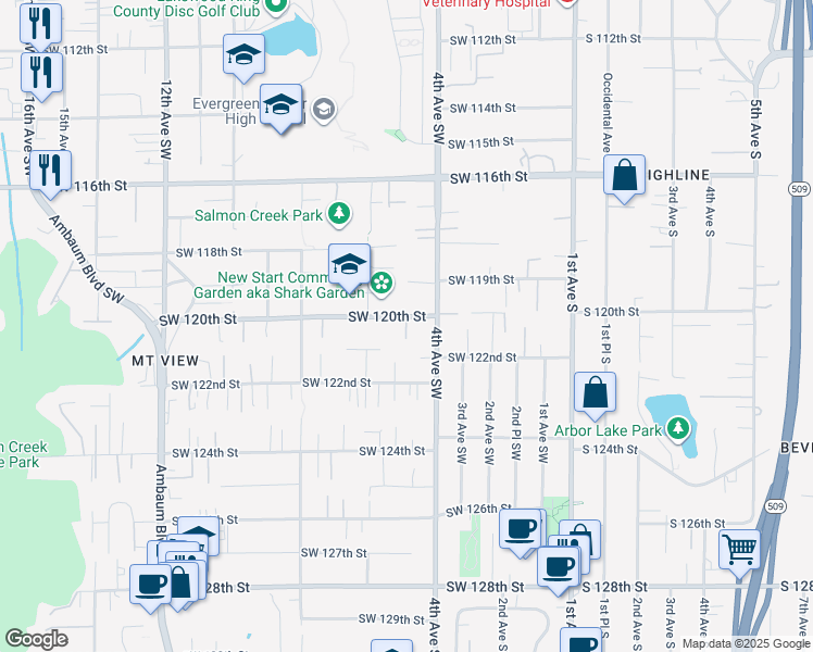 map of restaurants, bars, coffee shops, grocery stores, and more near 422 Southwest 120th Street in Seattle