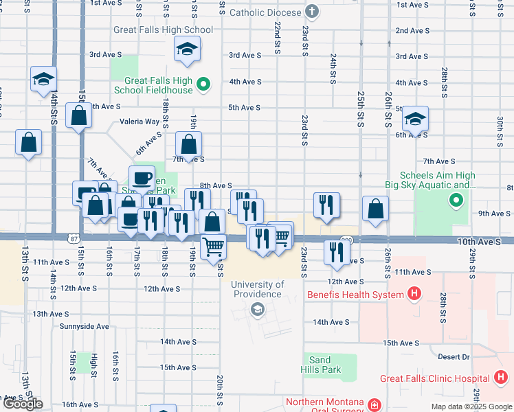map of restaurants, bars, coffee shops, grocery stores, and more near 2105 9th Avenue South in Great Falls