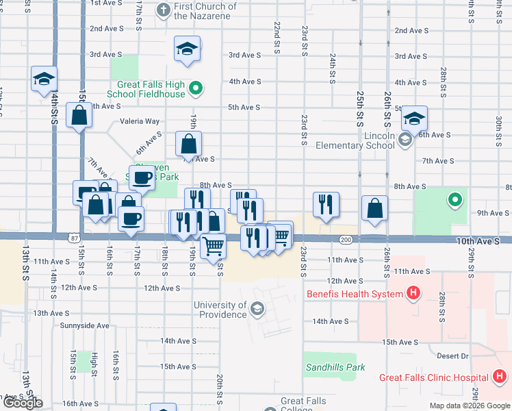 map of restaurants, bars, coffee shops, grocery stores, and more near 2026 8th Avenue South in Great Falls