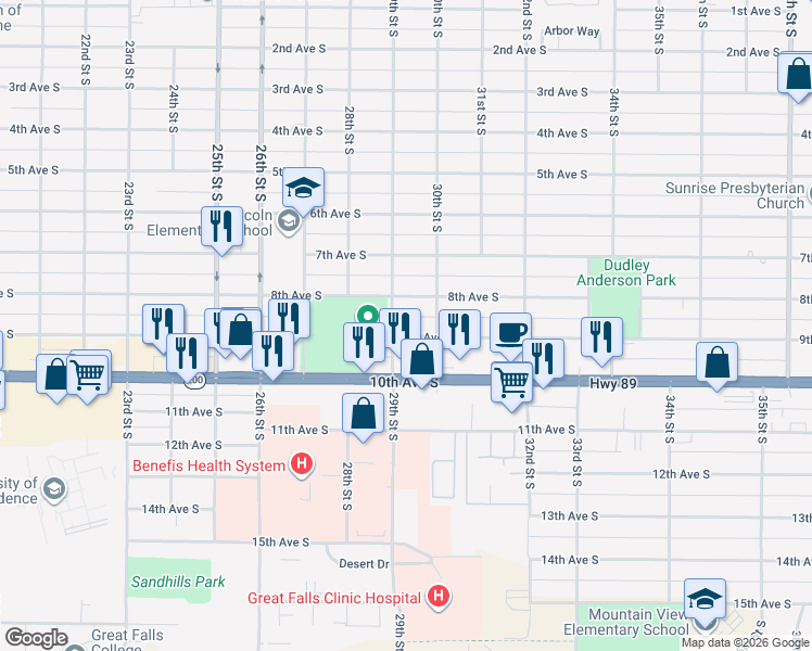 map of restaurants, bars, coffee shops, grocery stores, and more near 2910 8th Avenue South in Great Falls