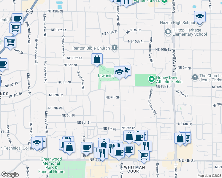 map of restaurants, bars, coffee shops, grocery stores, and more near 730 Shelton Avenue Northeast in Renton