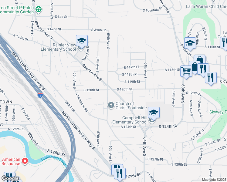 map of restaurants, bars, coffee shops, grocery stores, and more near 5932 South 120th Street in Seattle