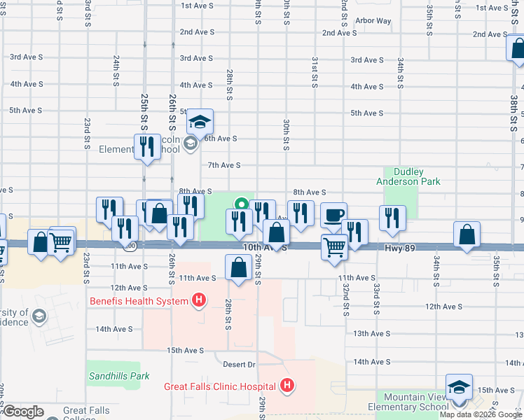 map of restaurants, bars, coffee shops, grocery stores, and more near 2910 8th Avenue South in Great Falls
