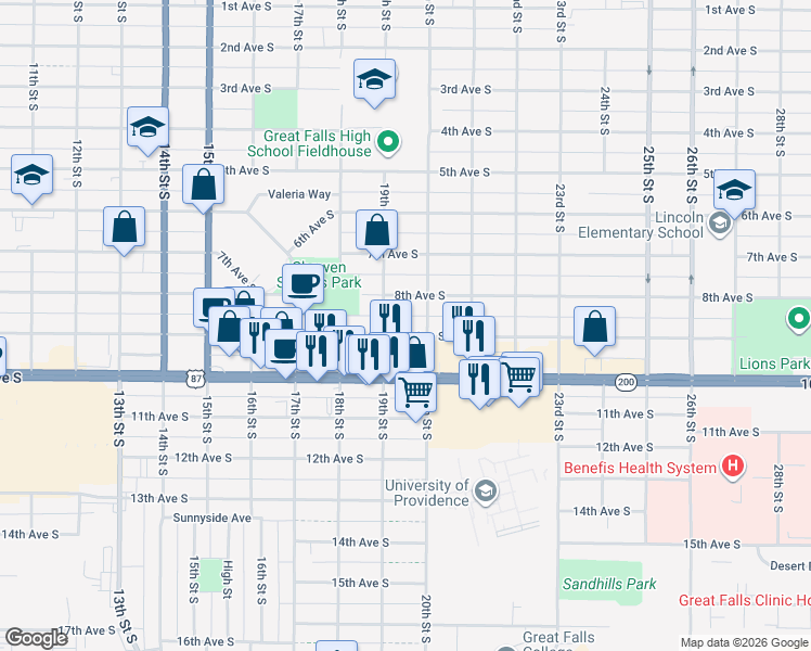 map of restaurants, bars, coffee shops, grocery stores, and more near 1900 8th Avenue South in Great Falls