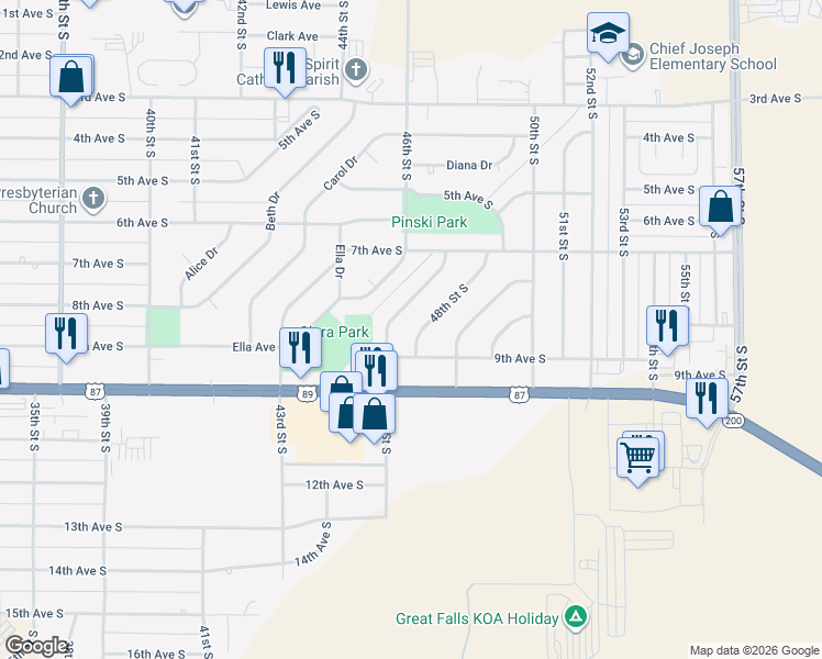 map of restaurants, bars, coffee shops, grocery stores, and more near 801 47th St S in Great Falls