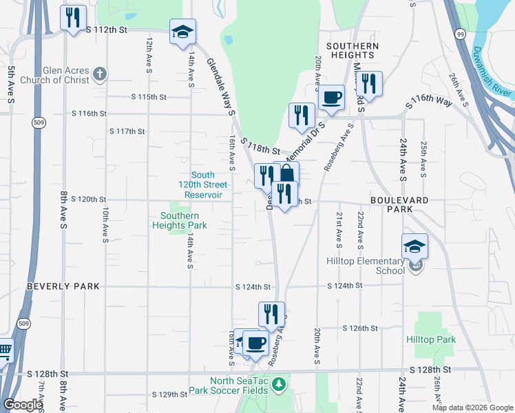 map of restaurants, bars, coffee shops, grocery stores, and more near 11848 16th Avenue South in Seattle