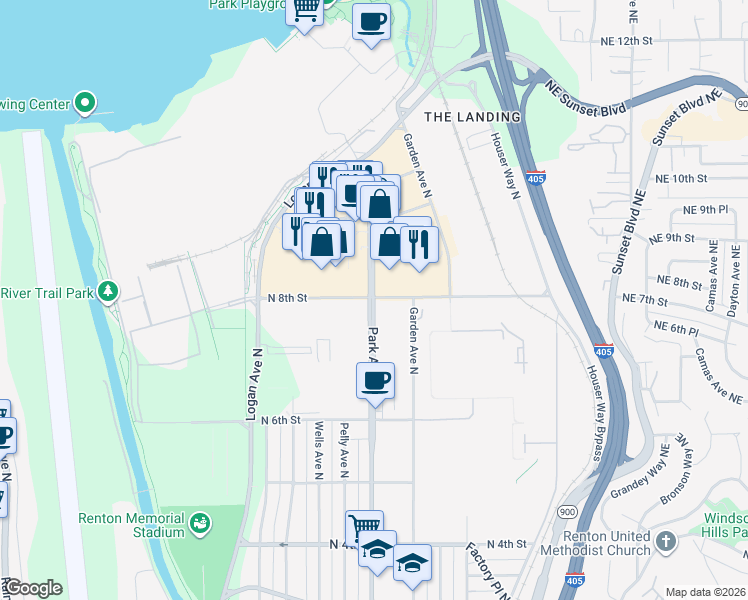 map of restaurants, bars, coffee shops, grocery stores, and more near 788 Park Avenue North in Renton