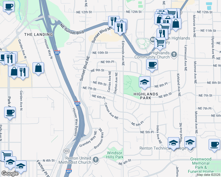 map of restaurants, bars, coffee shops, grocery stores, and more near 754 Camas Avenue Northeast in Renton