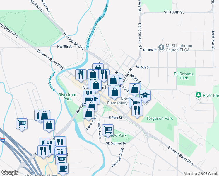 map of restaurants, bars, coffee shops, grocery stores, and more near in North Bend