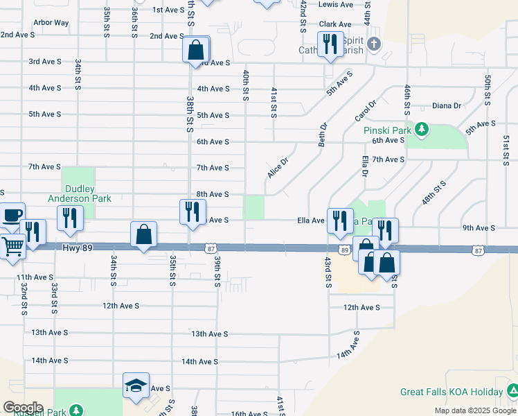 map of restaurants, bars, coffee shops, grocery stores, and more near 4098 8th Ave S in Great Falls