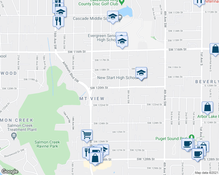 map of restaurants, bars, coffee shops, grocery stores, and more near 10th Ave SW & SW 120th St in White Center