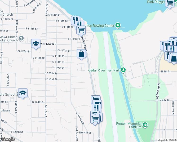 map of restaurants, bars, coffee shops, grocery stores, and more near 790 Perimeter Road West in Renton
