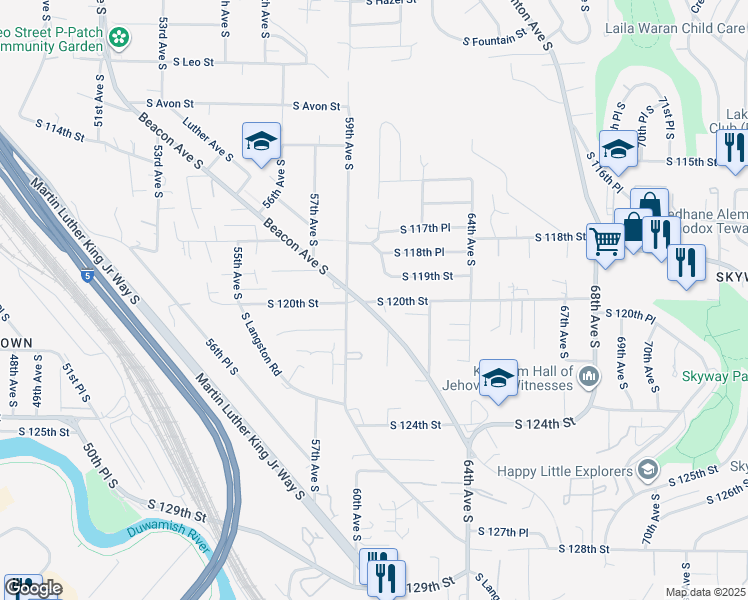 map of restaurants, bars, coffee shops, grocery stores, and more near 5932 South 120th Street in Seattle