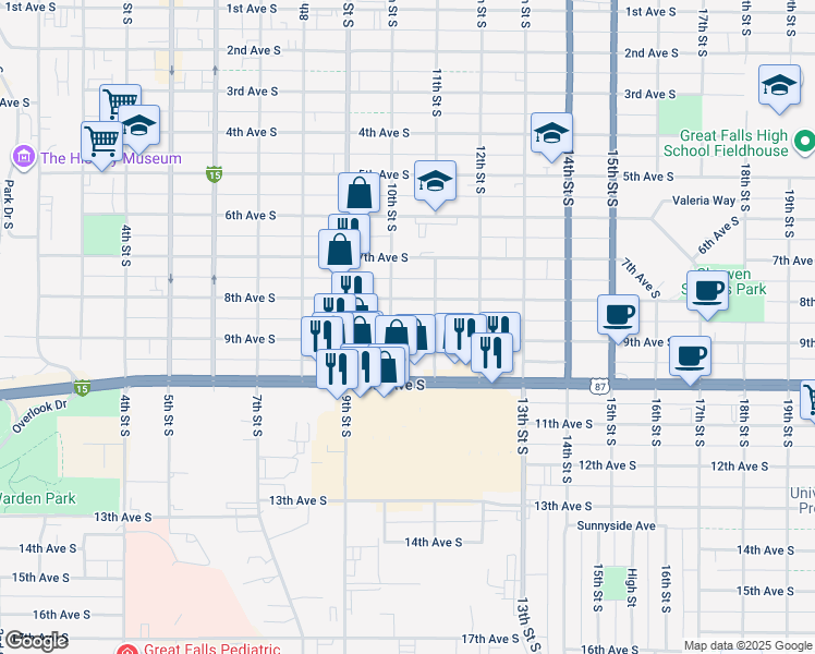 map of restaurants, bars, coffee shops, grocery stores, and more near 1012 8th Ave S in Great Falls