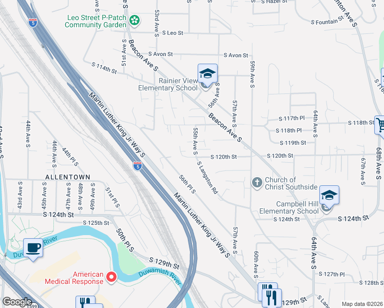 map of restaurants, bars, coffee shops, grocery stores, and more near 11855 55th Avenue South in Seattle