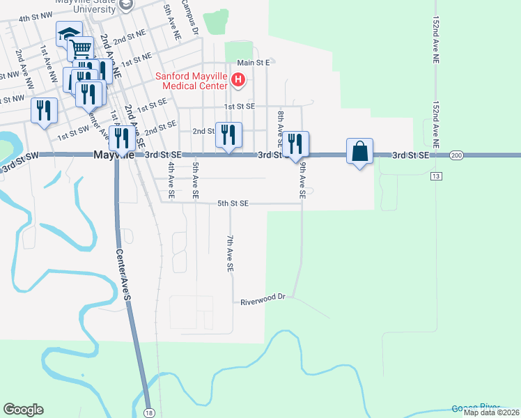 map of restaurants, bars, coffee shops, grocery stores, and more near 681-879 5th Street Southeast in Mayville