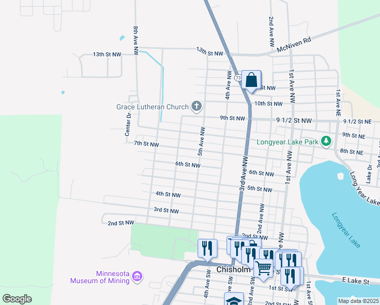 map of restaurants, bars, coffee shops, grocery stores, and more near 515 7th Street Northwest in Chisholm