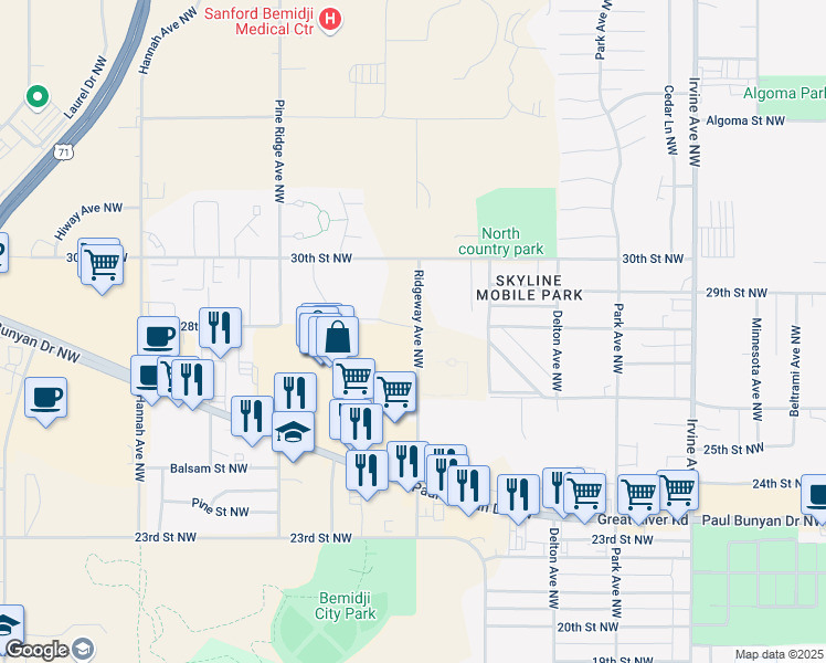 map of restaurants, bars, coffee shops, grocery stores, and more near 2813 Ridgeway Avenue Northwest in Bemidji