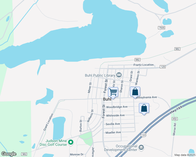map of restaurants, bars, coffee shops, grocery stores, and more near 121 State Street in Buhl