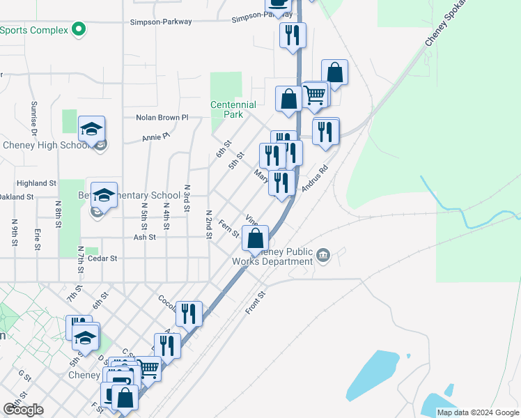 map of restaurants, bars, coffee shops, grocery stores, and more near 1518 2nd Street in Cheney