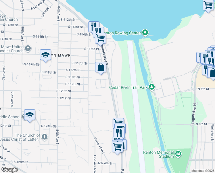 map of restaurants, bars, coffee shops, grocery stores, and more near 801 Rainier Avenue North in Renton