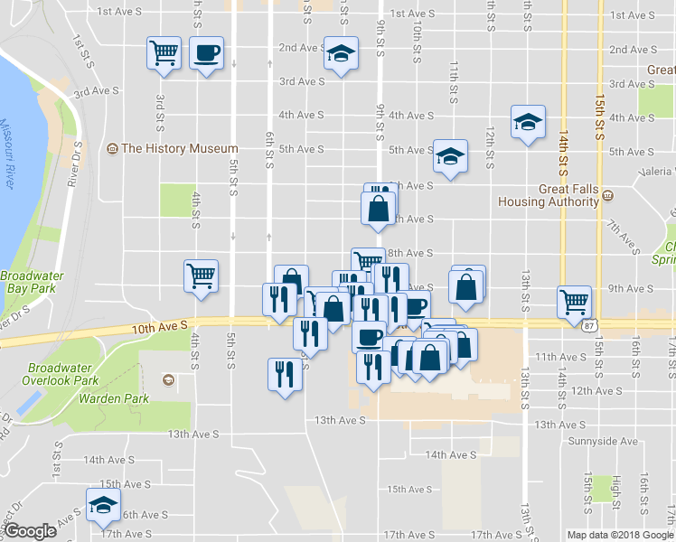 map of restaurants, bars, coffee shops, grocery stores, and more near 816 8th Street South in Great Falls