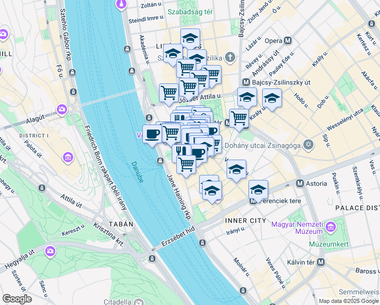 map of restaurants, bars, coffee shops, grocery stores, and more near in Budapest
