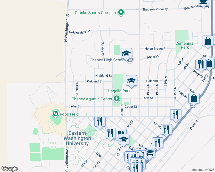 map of restaurants, bars, coffee shops, grocery stores, and more near 313 Erie Street in Cheney