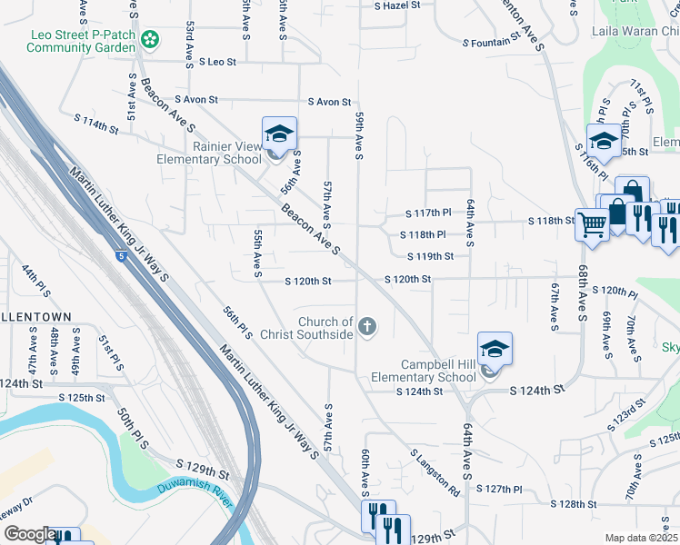 map of restaurants, bars, coffee shops, grocery stores, and more near 5586 South Juniper Street in Seattle