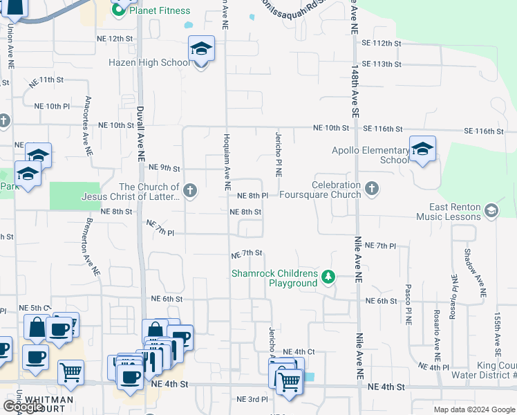 map of restaurants, bars, coffee shops, grocery stores, and more near 5212 Northeast 8th Street in Renton