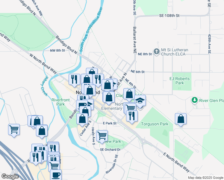 map of restaurants, bars, coffee shops, grocery stores, and more near 145 East 3rd Street in North Bend