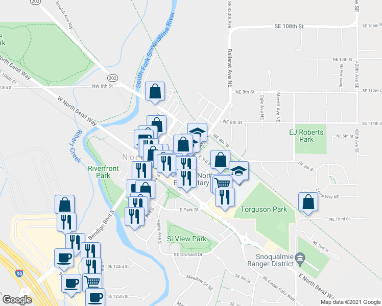 map of restaurants, bars, coffee shops, grocery stores, and more near 145 East 3rd Street in North Bend