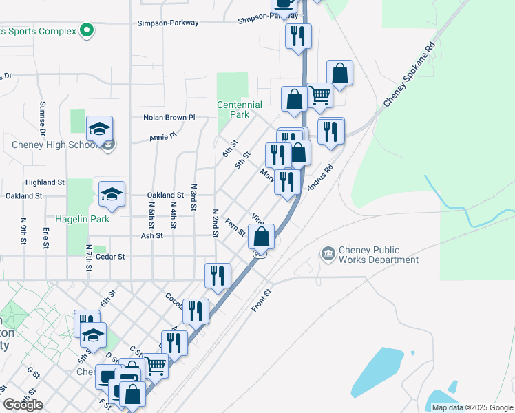 map of restaurants, bars, coffee shops, grocery stores, and more near 1518 2nd Street in Cheney