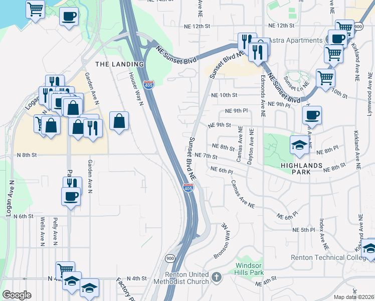 map of restaurants, bars, coffee shops, grocery stores, and more near 700 Sunset Boulevard Northeast in Renton