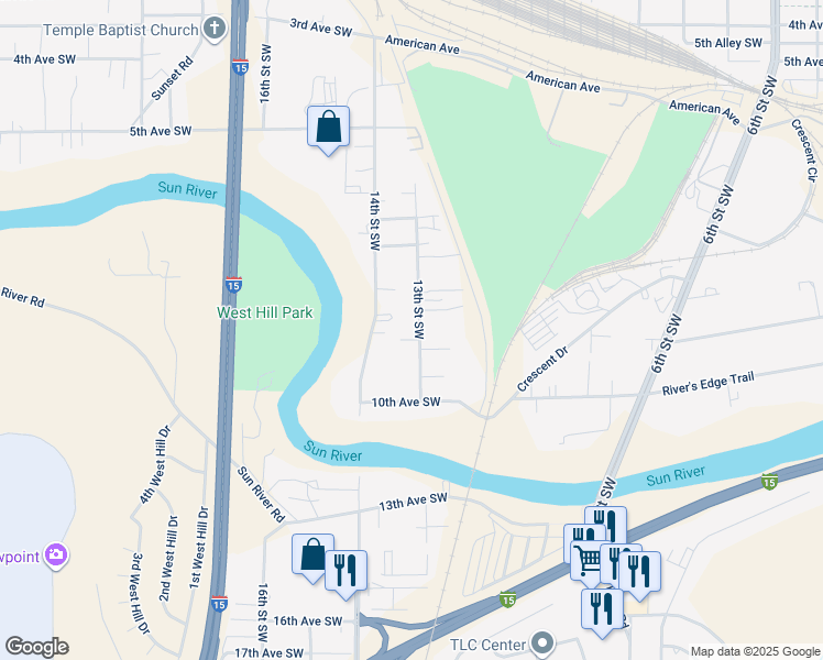 map of restaurants, bars, coffee shops, grocery stores, and more near 912 13th Street Southwest in Great Falls