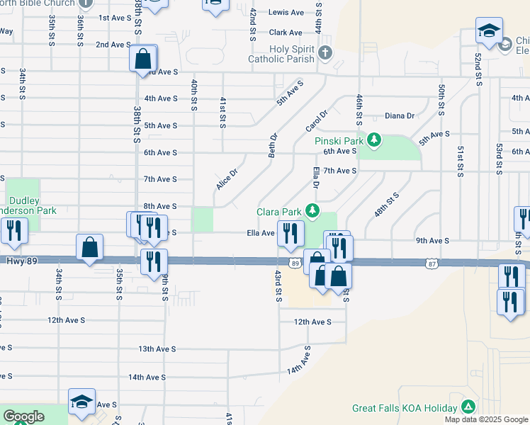 map of restaurants, bars, coffee shops, grocery stores, and more near 631 Carol Drive in Great Falls