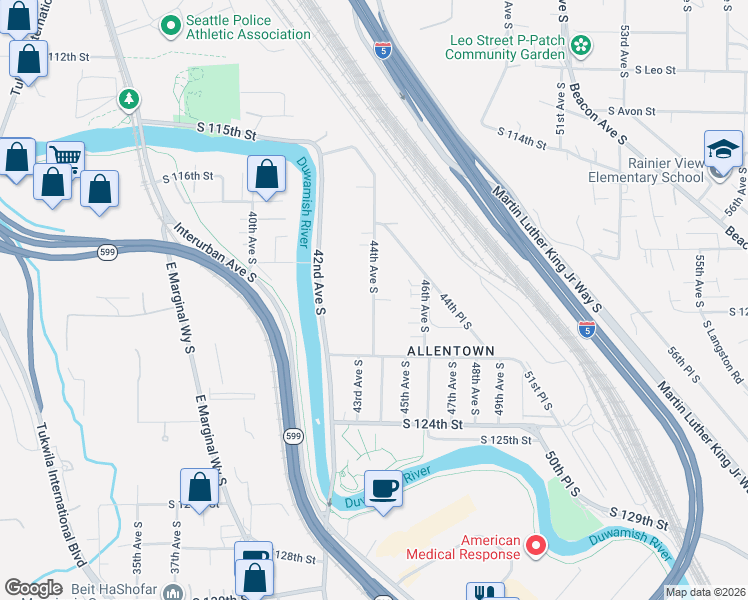 map of restaurants, bars, coffee shops, grocery stores, and more near 12015 44th Avenue South in Tukwila