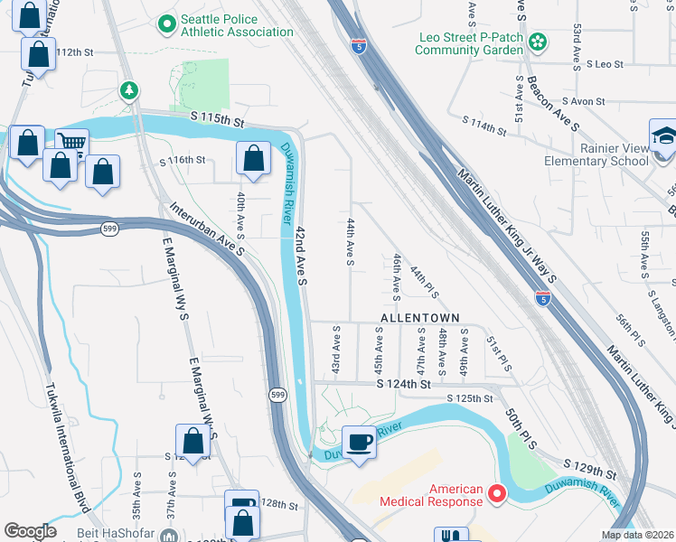 map of restaurants, bars, coffee shops, grocery stores, and more near 12019 44th Avenue South in Tukwila