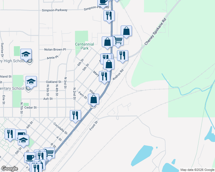 map of restaurants, bars, coffee shops, grocery stores, and more near 1632 1st Street in Cheney