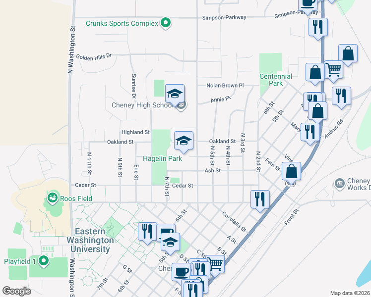 map of restaurants, bars, coffee shops, grocery stores, and more near 317 North 7th Street in Cheney