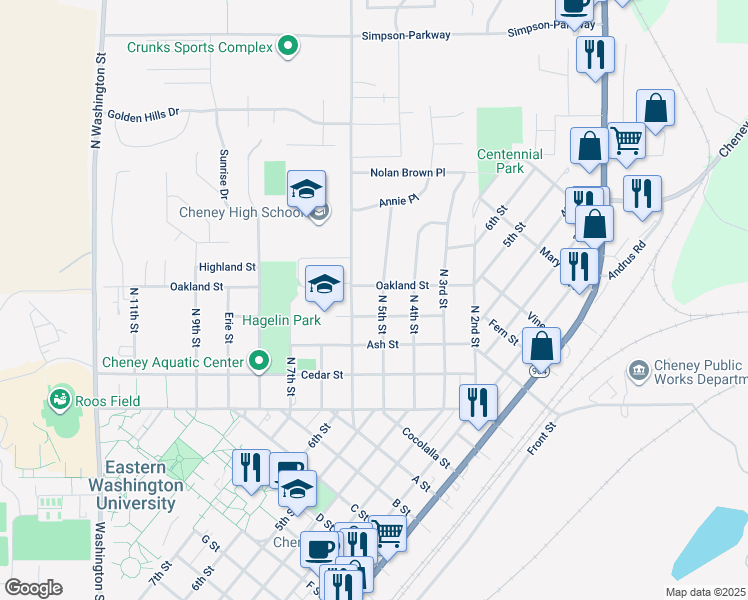 map of restaurants, bars, coffee shops, grocery stores, and more near 314 N 5th St in Cheney