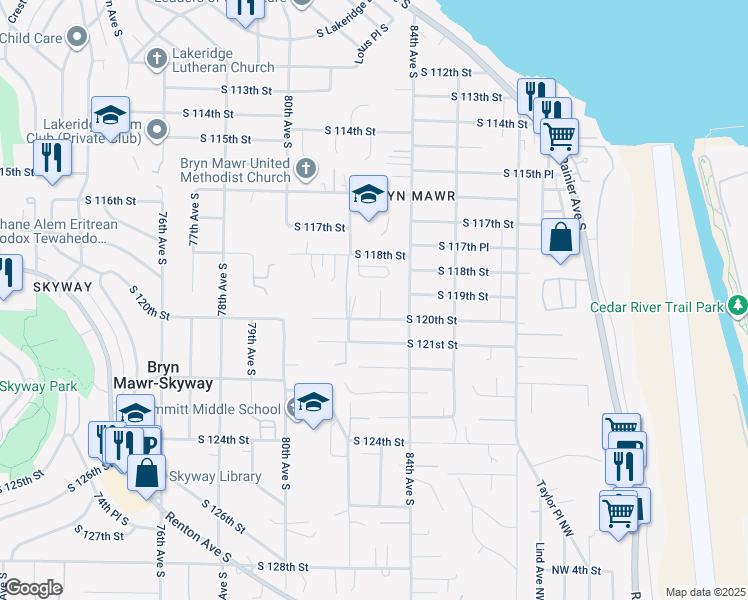 map of restaurants, bars, coffee shops, grocery stores, and more near 8218 83rd Avenue South in Seattle