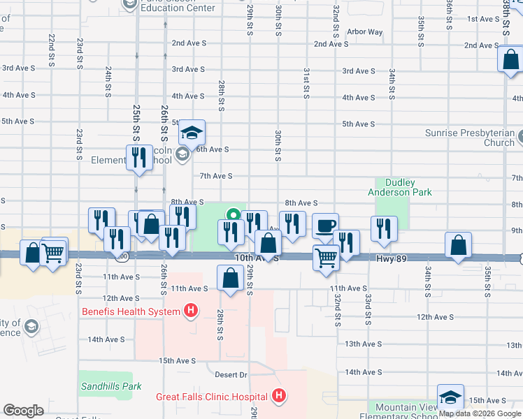 map of restaurants, bars, coffee shops, grocery stores, and more near 2910 8th Avenue South in Great Falls
