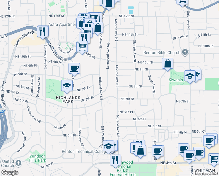 map of restaurants, bars, coffee shops, grocery stores, and more near 804 Lynnwood Avenue Northeast in Renton
