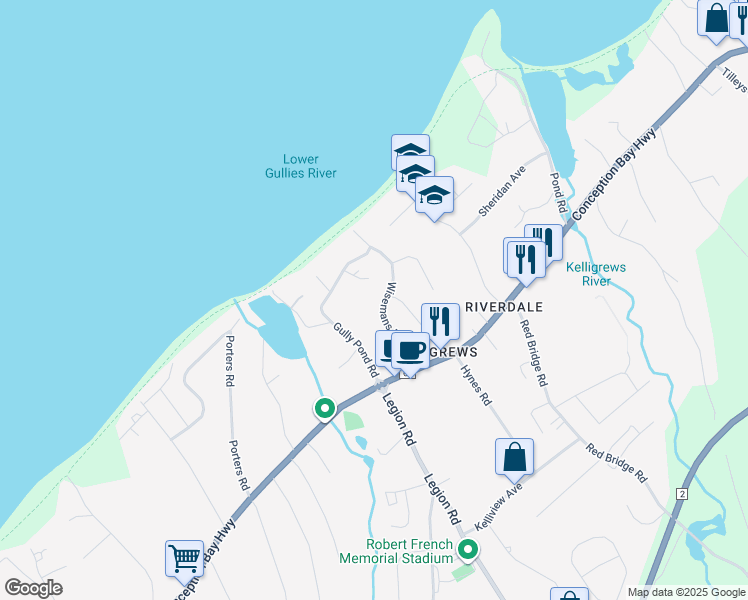 map of restaurants, bars, coffee shops, grocery stores, and more near 33 Wisemans Lane in Conception Bay South