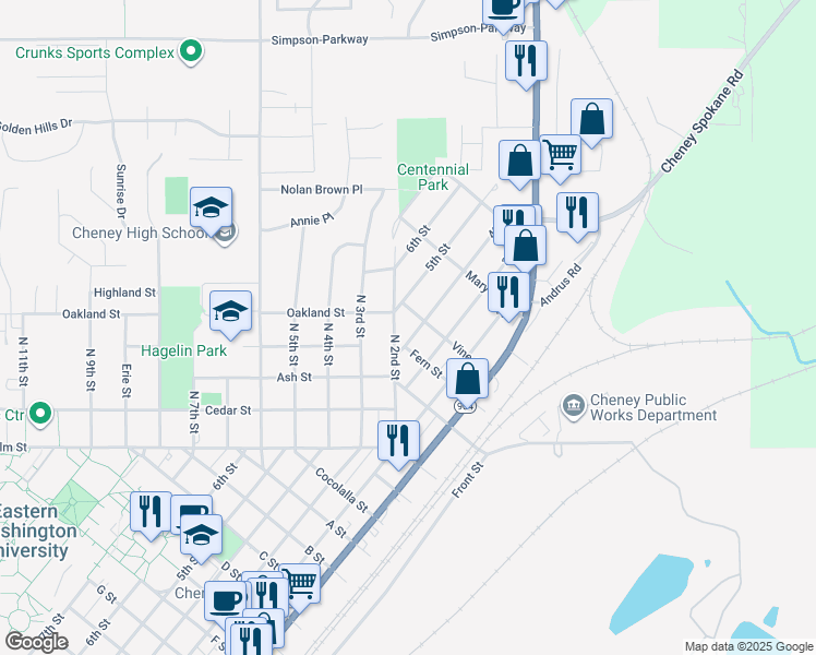 map of restaurants, bars, coffee shops, grocery stores, and more near 1414 4th Street in Cheney