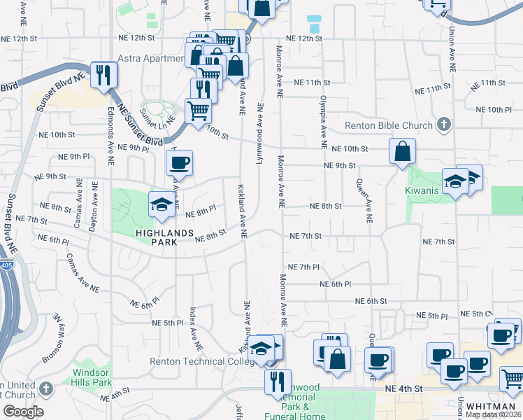 map of restaurants, bars, coffee shops, grocery stores, and more near 804 Lynnwood Avenue Northeast in Renton