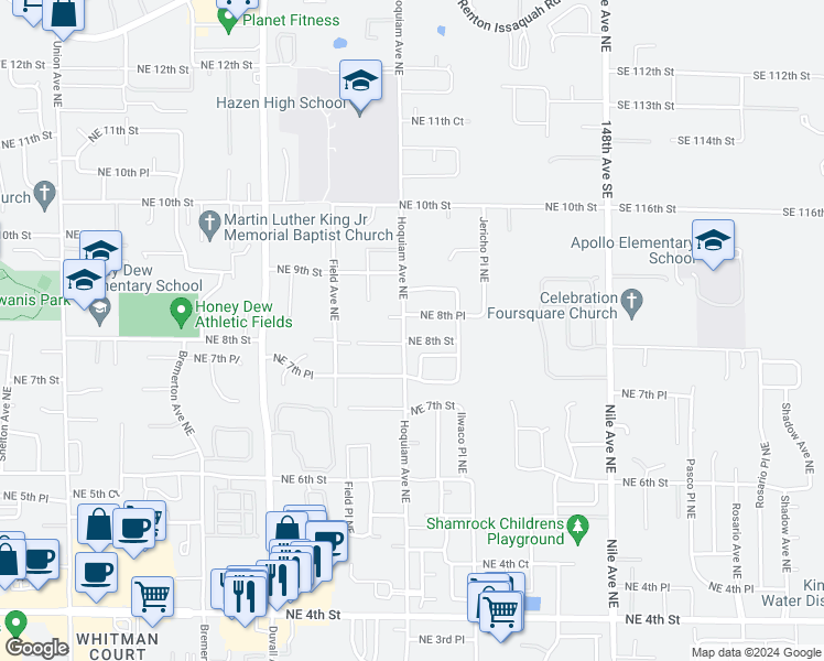 map of restaurants, bars, coffee shops, grocery stores, and more near 808 Hoquiam Avenue Northeast in Renton