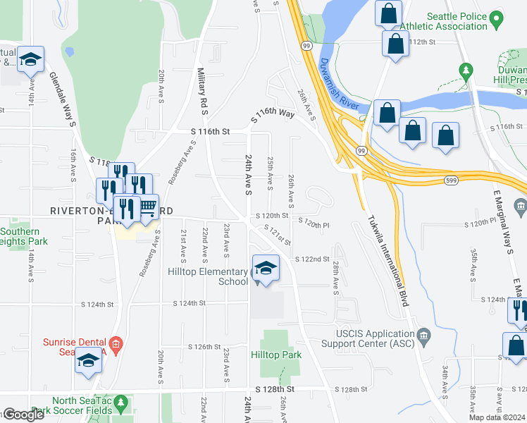 map of restaurants, bars, coffee shops, grocery stores, and more near 11851 25th Avenue South in Seattle